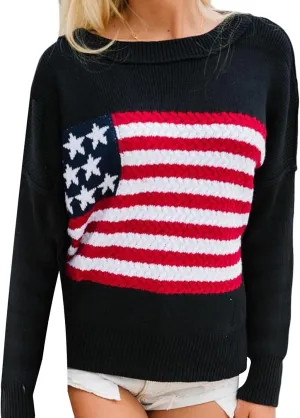 Women's American Flag Graphic Sweater Vintage Loose Hollow Out 4th of July Jumper Summer USA Flag Pullover Top
