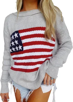 Women's American Flag Graphic Sweater Vintage Loose Hollow Out 4th of July Jumper Summer USA Flag Pullover Top