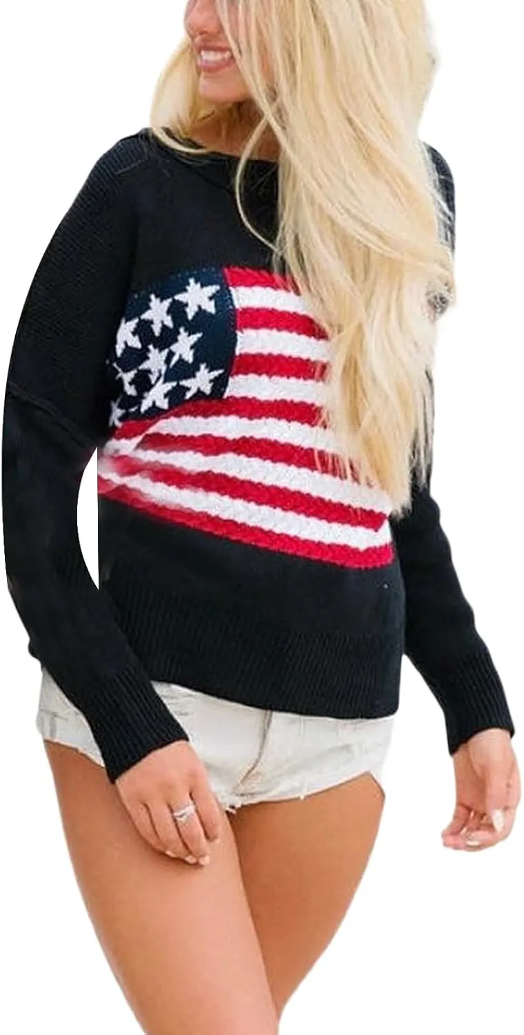 Women's American Flag Graphic Sweater Vintage Loose Hollow Out 4th of July Jumper Summer USA Flag Pullover Top