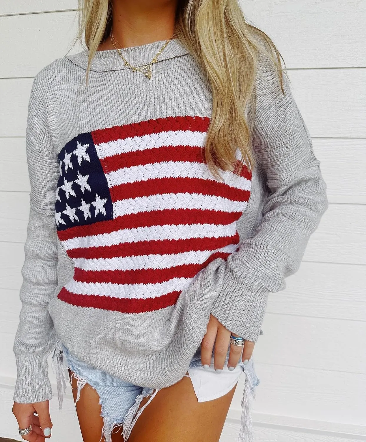 Women's American Flag Graphic Sweater Vintage Loose Hollow Out 4th of July Jumper Summer USA Flag Pullover Top