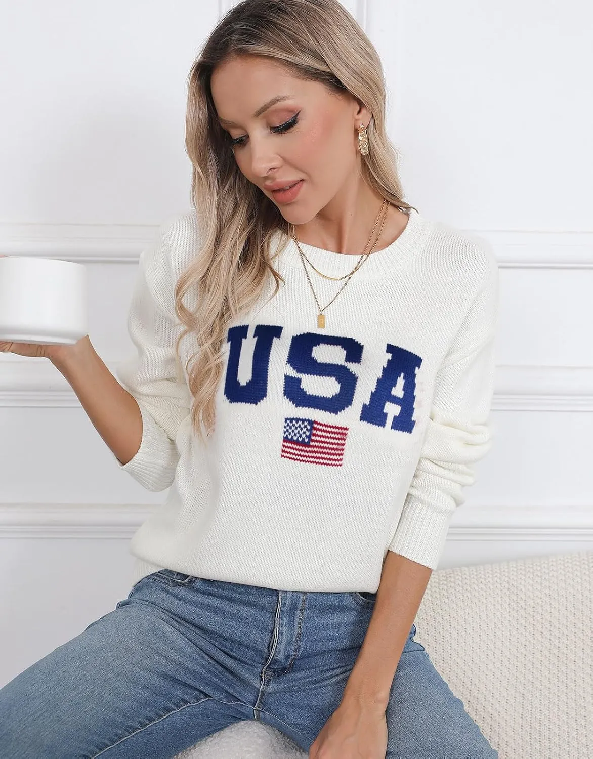 Womens American Flag Sweater Long Sleeve Crew Neck Knitted Casual Pullover Sweater