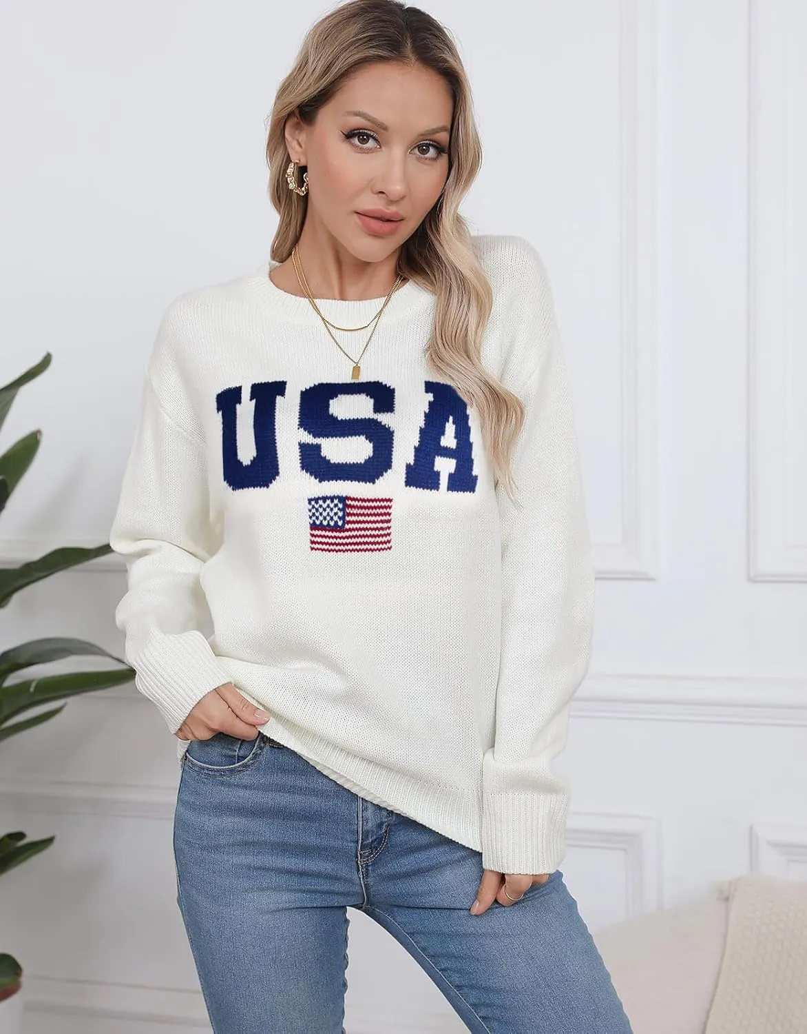 Womens American Flag Sweater Long Sleeve Crew Neck Knitted Casual Pullover Sweater