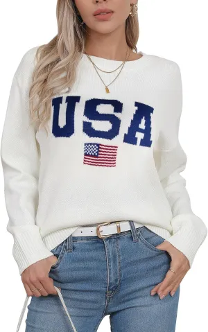 Womens American Flag Sweater Long Sleeve Crew Neck Knitted Casual Pullover Sweater