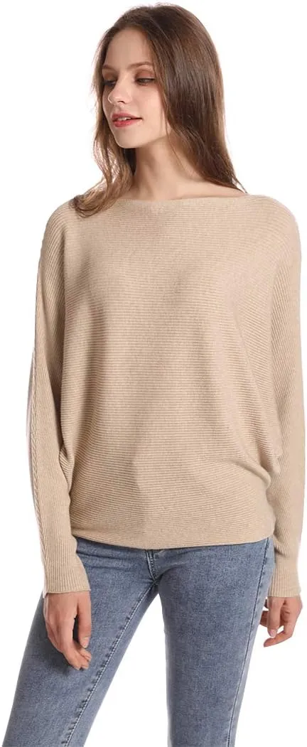 Women's Batwing Sleeves Sweater Solid Boat Neck Knit Pullover Dolman Sweater Tops for Women