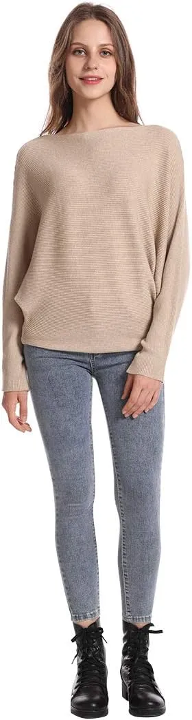 Women's Batwing Sleeves Sweater Solid Boat Neck Knit Pullover Dolman Sweater Tops for Women