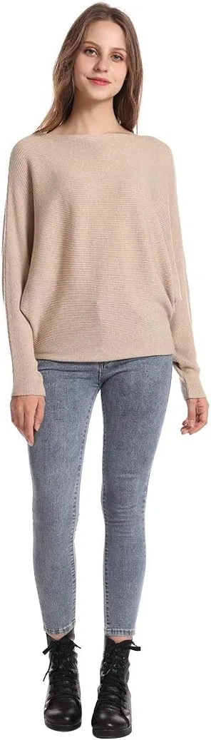 Women's Batwing Sleeves Sweater Solid Boat Neck Knit Pullover Dolman Sweater Tops for Women
