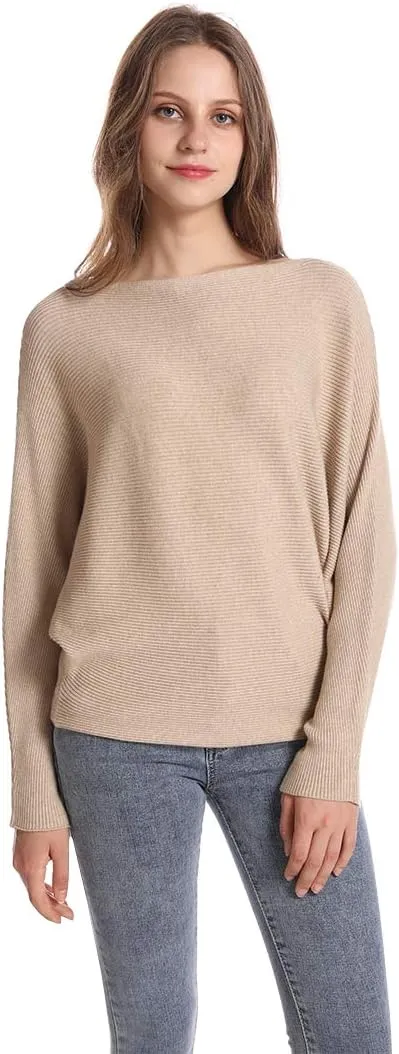 Women's Batwing Sleeves Sweater Solid Boat Neck Knit Pullover Dolman Sweater Tops for Women