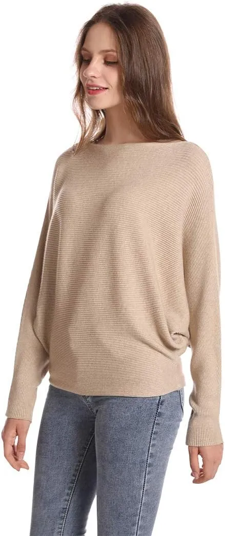 Women's Batwing Sleeves Sweater Solid Boat Neck Knit Pullover Dolman Sweater Tops for Women