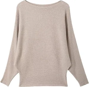 Women's Batwing Sleeves Sweater Solid Boat Neck Knit Pullover Dolman Sweater Tops for Women