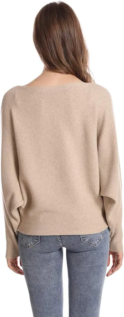 Women's Batwing Sleeves Sweater Solid Boat Neck Knit Pullover Dolman Sweater Tops for Women