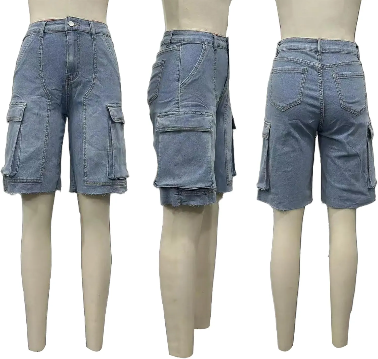 Womens Bermuda Cargo Jean Shorts High Waisted Pockets Ripped Raw Hem Street Denim Shorts