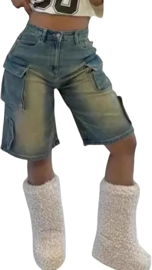 Womens Bermuda Cargo Jean Shorts High Waisted Pockets Ripped Raw Hem Street Denim Shorts