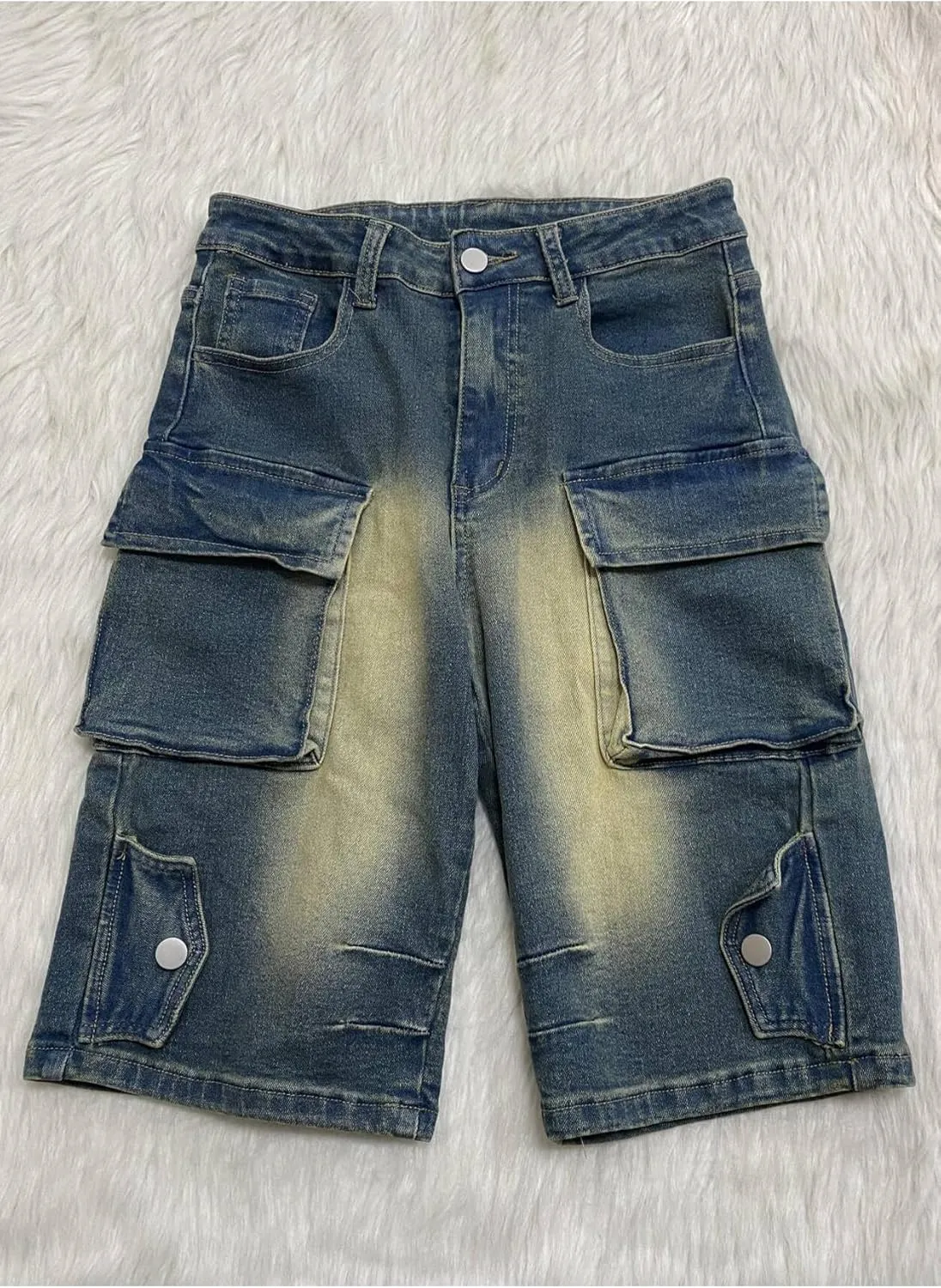 Womens Bermuda Cargo Jean Shorts High Waisted Pockets Ripped Raw Hem Street Denim Shorts