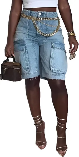 Womens Bermuda Cargo Jean Shorts High Waisted Pockets Ripped Raw Hem Street Denim Shorts