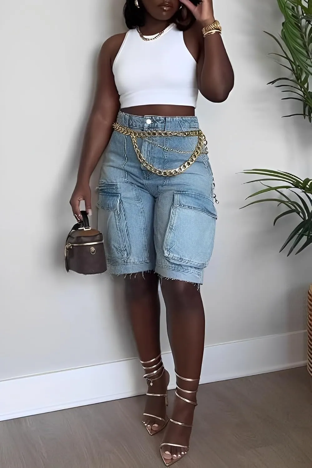 Womens Bermuda Cargo Jean Shorts High Waisted Pockets Ripped Raw Hem Street Denim Shorts