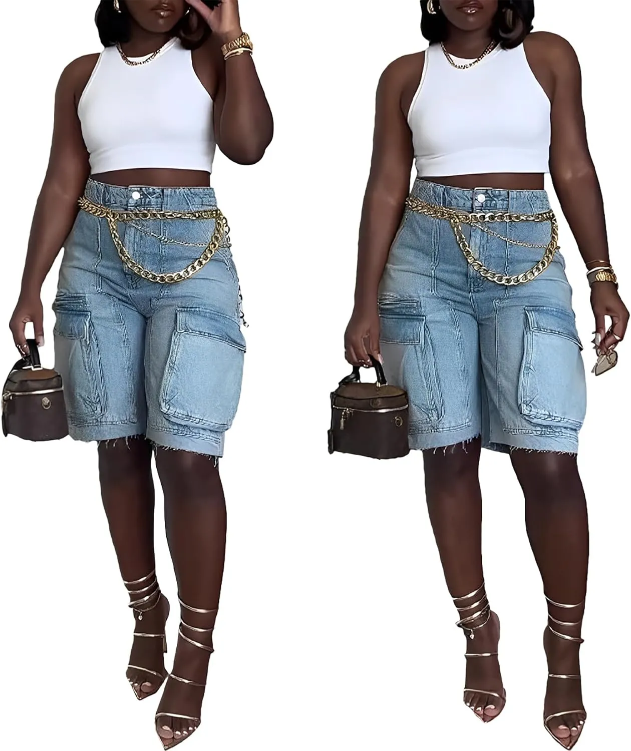 Womens Bermuda Cargo Jean Shorts High Waisted Pockets Ripped Raw Hem Street Denim Shorts