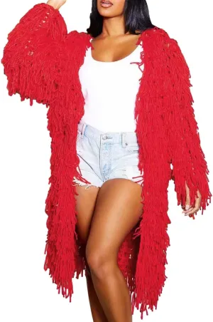 Womens Cable Knit Fringe Tassel Mid Length Cardigans Open Front Sweater Cardigan Oversized Coat Sexy Nightclub Outfit Red