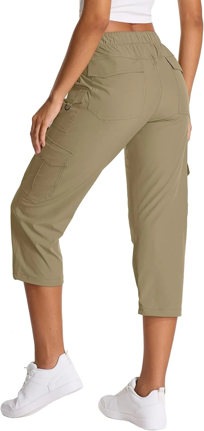 Womens Capris with Pockets Stretch Shorts Hiking Cargo Quick Dry Elastic Waist Long Shorts