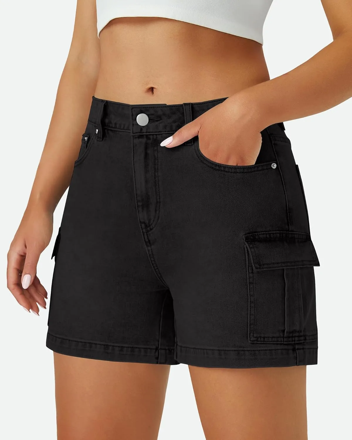 Womens Cargo Jean Shorts High Waisted Microelastic Straight Leg Long Denim Mom Shorts