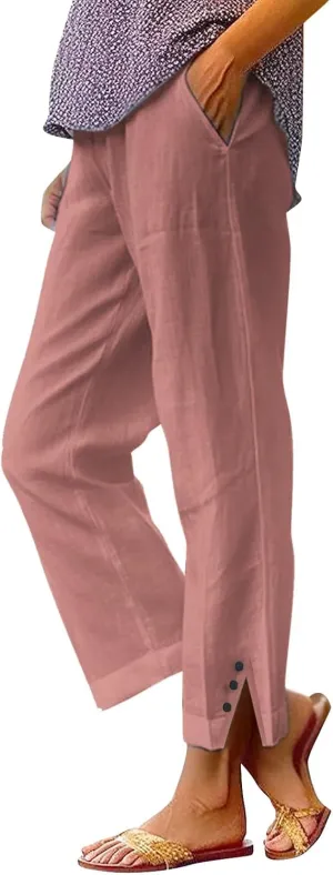 Womens Casual Linen High Waist Pants Plain Drawstring Loose Fit Summer Pants Trousers with Side Pockets