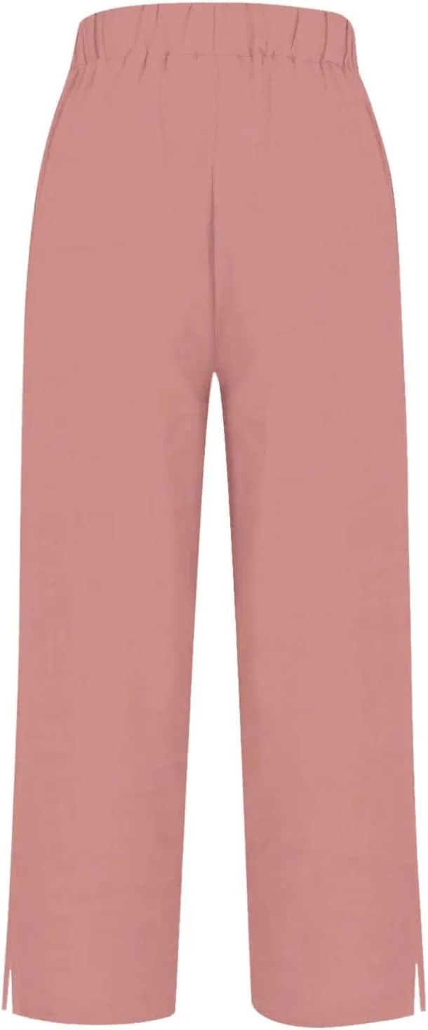 Womens Casual Linen High Waist Pants Plain Drawstring Loose Fit Summer Pants Trousers with Side Pockets