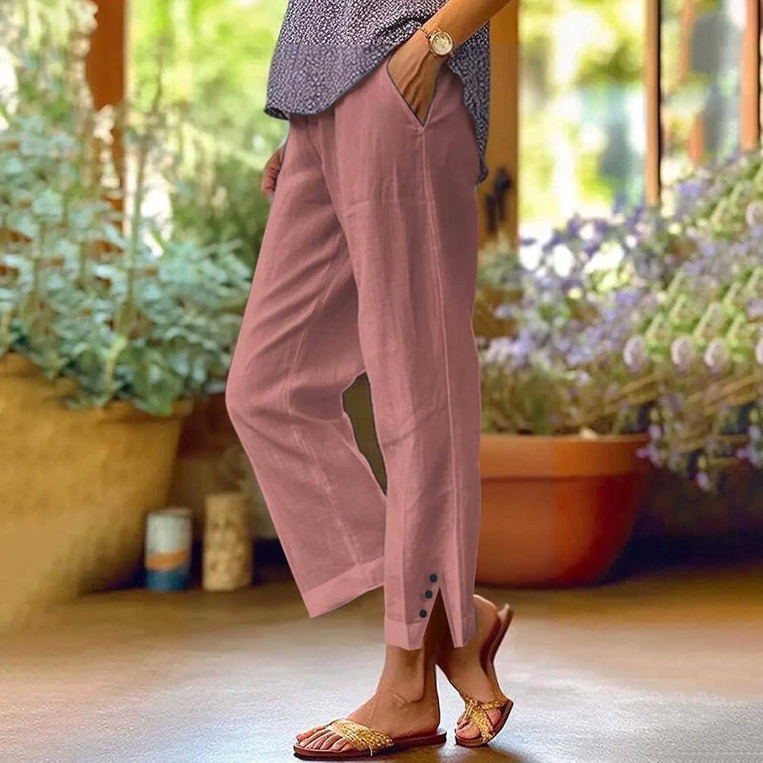 Womens Casual Linen High Waist Pants Plain Drawstring Loose Fit Summer Pants Trousers with Side Pockets