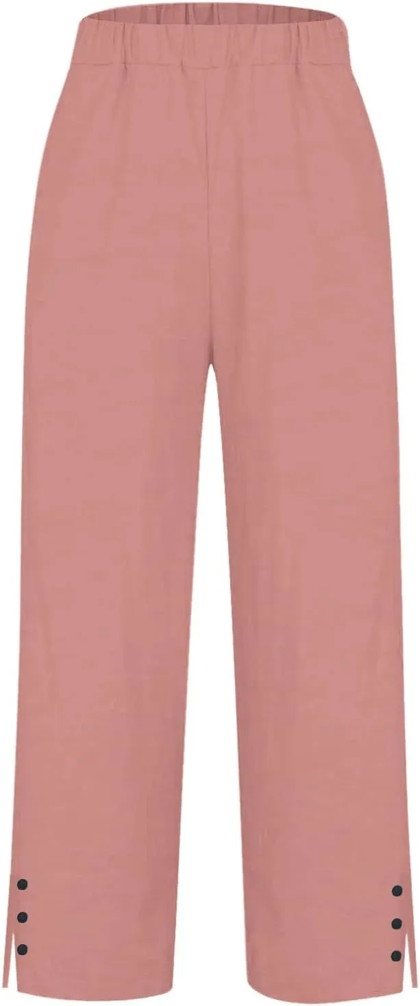 Womens Casual Linen High Waist Pants Plain Drawstring Loose Fit Summer Pants Trousers with Side Pockets