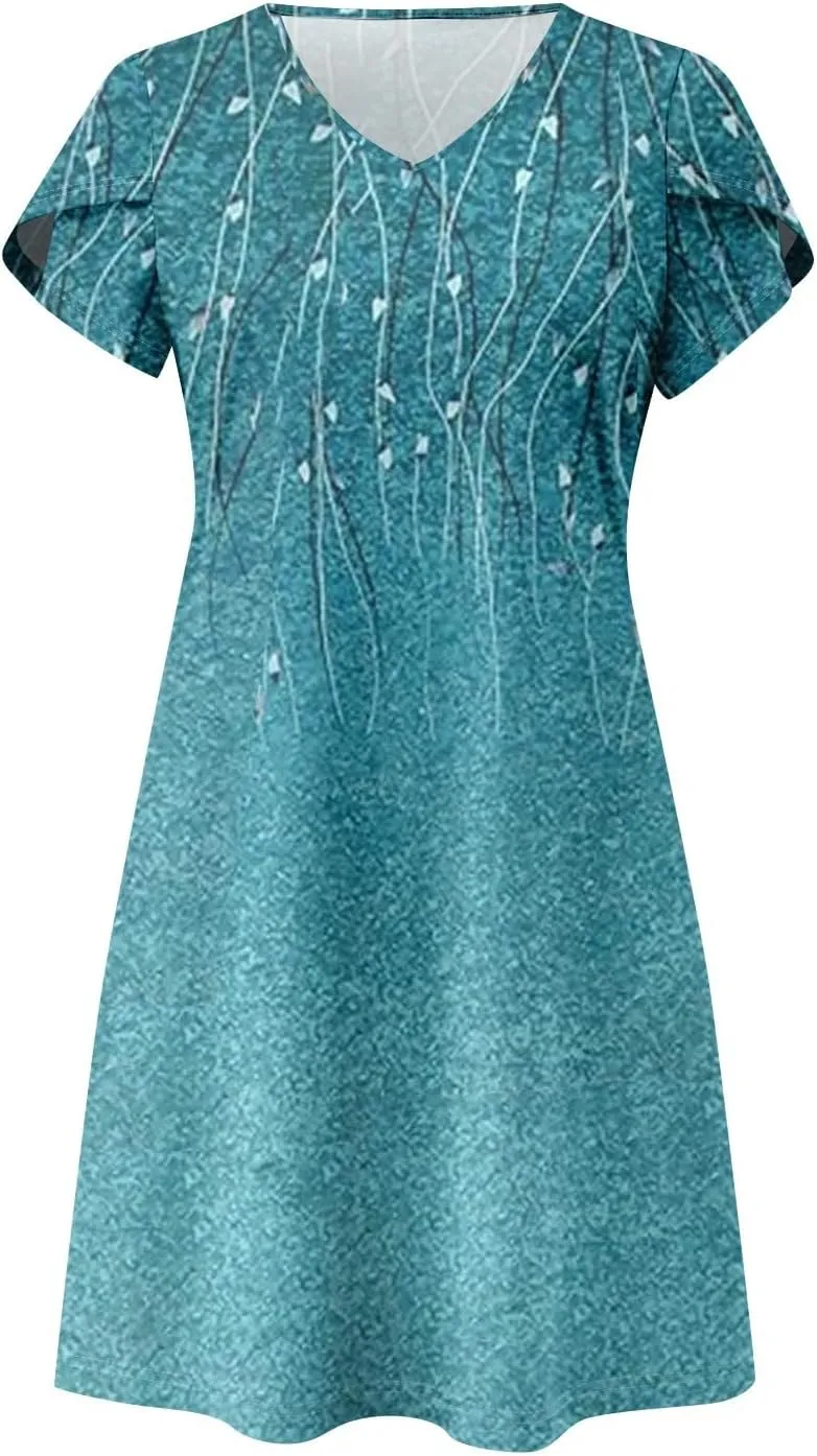 Women's Casual Spring Summer Midi Dress 2025 - Short Sleeve V-Neck Loose Cotton Ruffle Babydoll Dress Boho Sundress
