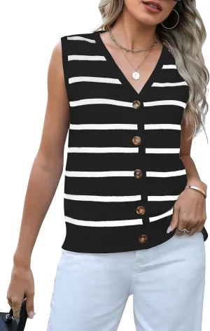 Women's Casual V Neck Sweater Tank Tops Striped Sweater Vest Sleeveless Pullover Button Down Knit Vest Tops