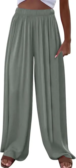 Womens Casual Wide Leg Pants Pleated High Elastic Waist Flowy Loose Beach Palazzo Pants Baggy Work Trousers Summer