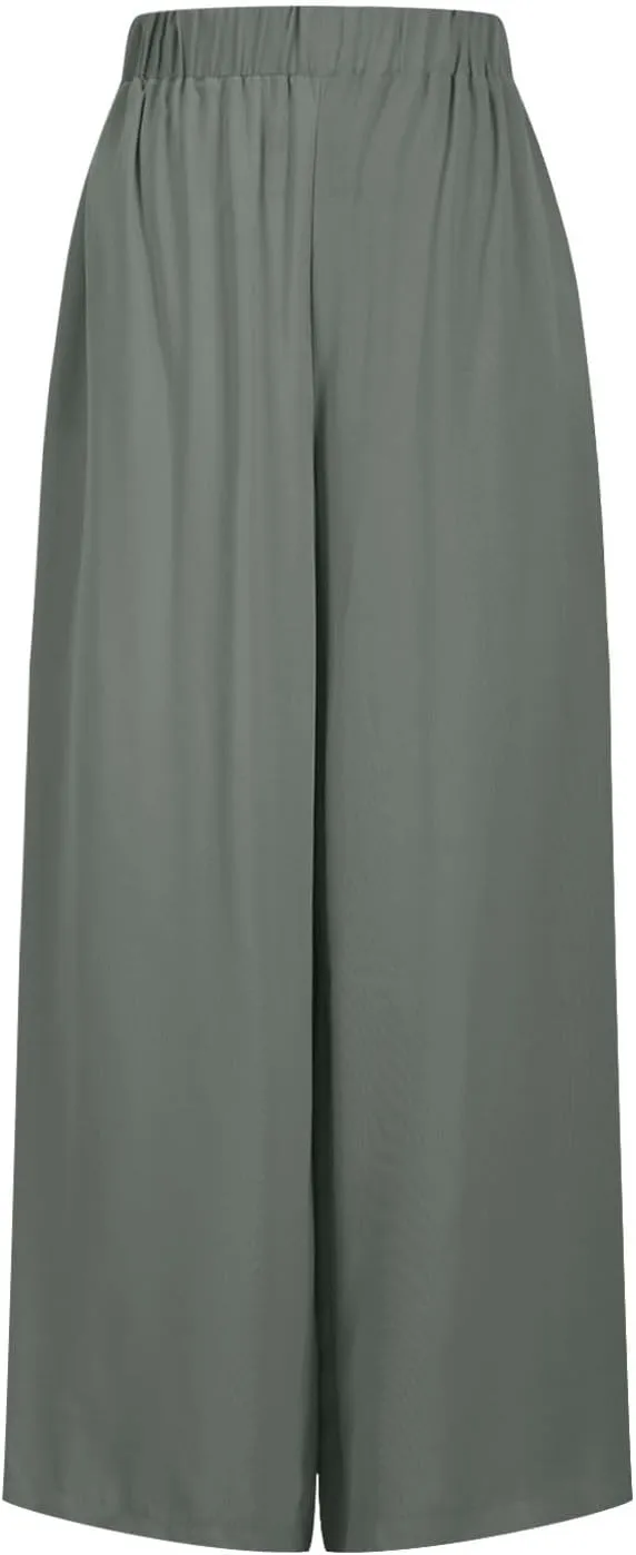 Womens Casual Wide Leg Pants Pleated High Elastic Waist Flowy Loose Beach Palazzo Pants Baggy Work Trousers Summer