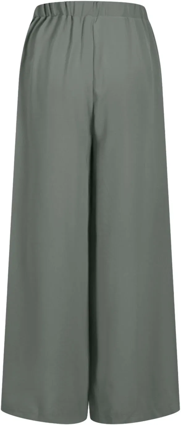 Womens Casual Wide Leg Pants Pleated High Elastic Waist Flowy Loose Beach Palazzo Pants Baggy Work Trousers Summer
