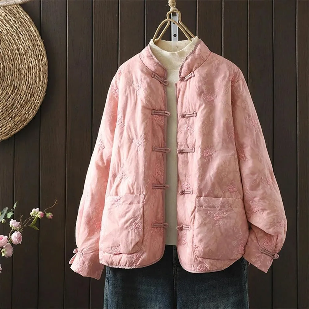 Women's Chinese National Loose Cotton-padded Jacket Winter Casual Stand-up Collar Embroidered Thick Buckle Coat