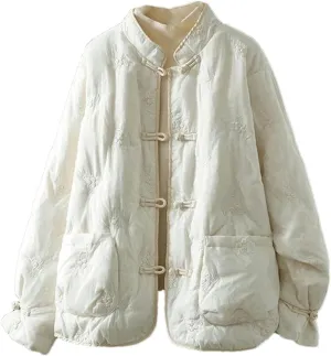 Women's Chinese National Loose Cotton-padded Jacket Winter Casual Stand-up Collar Embroidered Thick Buckle Coat