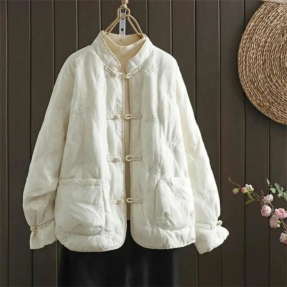 Women's Chinese National Loose Cotton-padded Jacket Winter Casual Stand-up Collar Embroidered Thick Buckle Coat