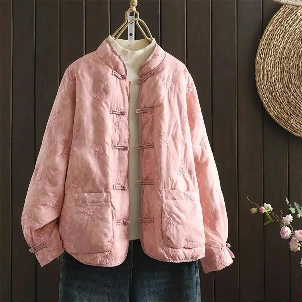 Women's Chinese National Loose Cotton-padded Jacket Winter Casual Stand-up Collar Embroidered Thick Buckle Coat