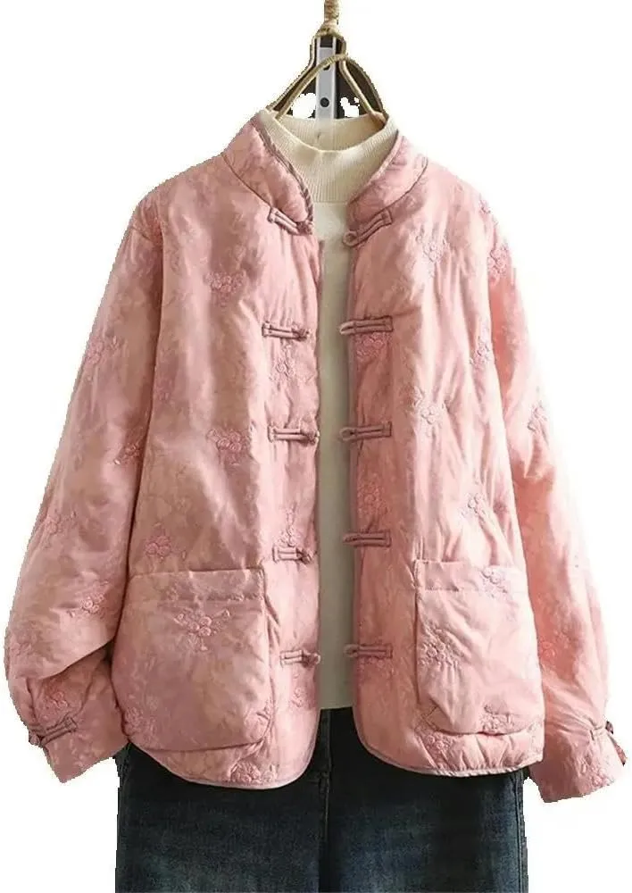 Women's Chinese National Loose Cotton-padded Jacket Winter Casual Stand-up Collar Embroidered Thick Buckle Coat