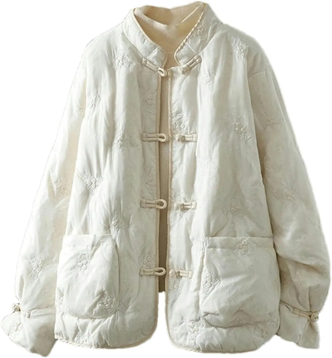 Women's Chinese National Loose Cotton-padded Jacket Winter Casual Stand-up Collar Embroidered Thick Buckle Coat