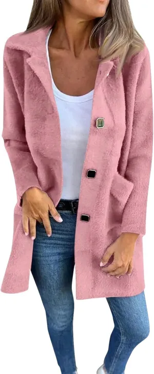 Womens Coats Long Sleeve Lapel Winter Coat for Women 2024 Pea Coat Fall Casual Coats Jacket Outerwear with Pockets