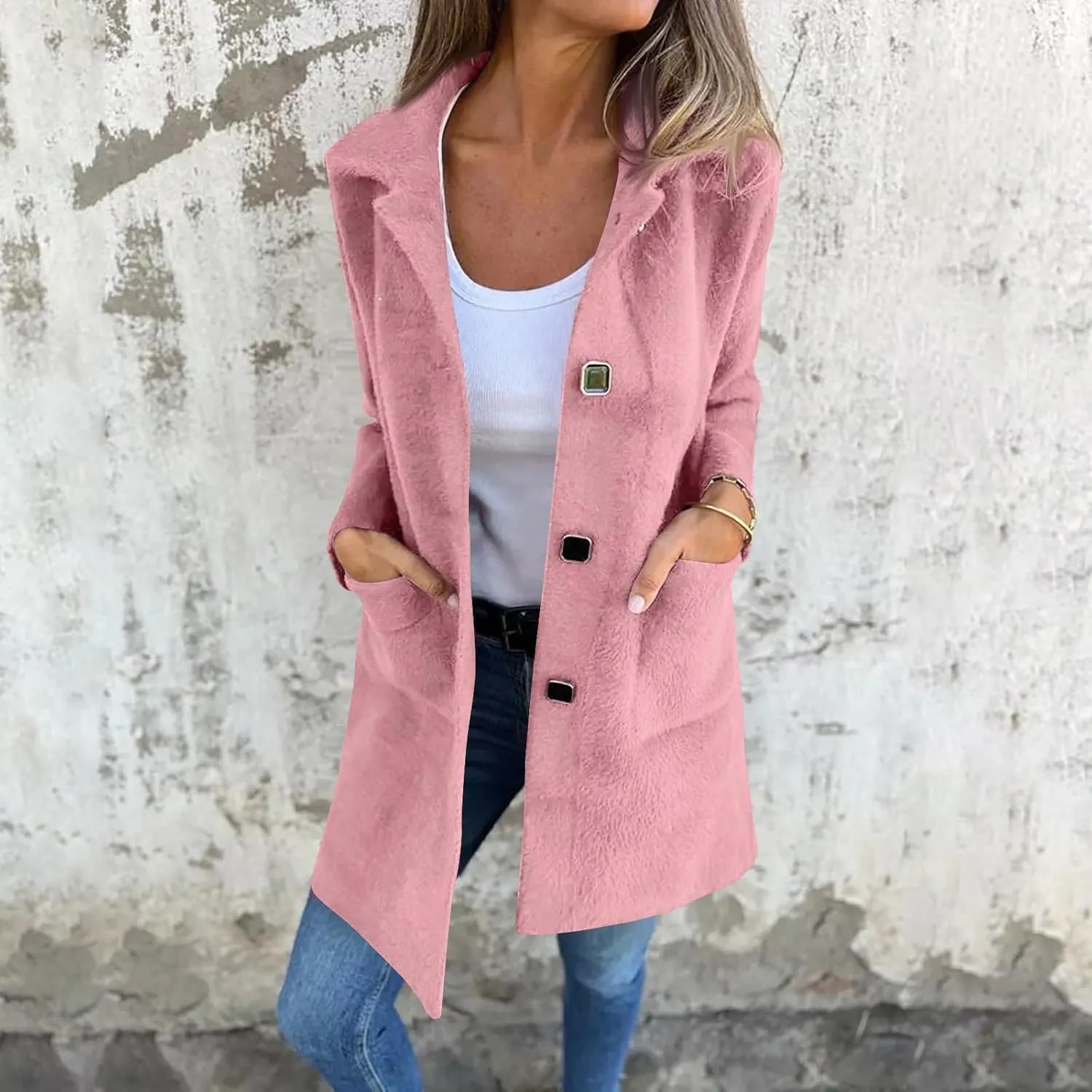 Womens Coats Long Sleeve Lapel Winter Coat for Women 2024 Pea Coat Fall Casual Coats Jacket Outerwear with Pockets