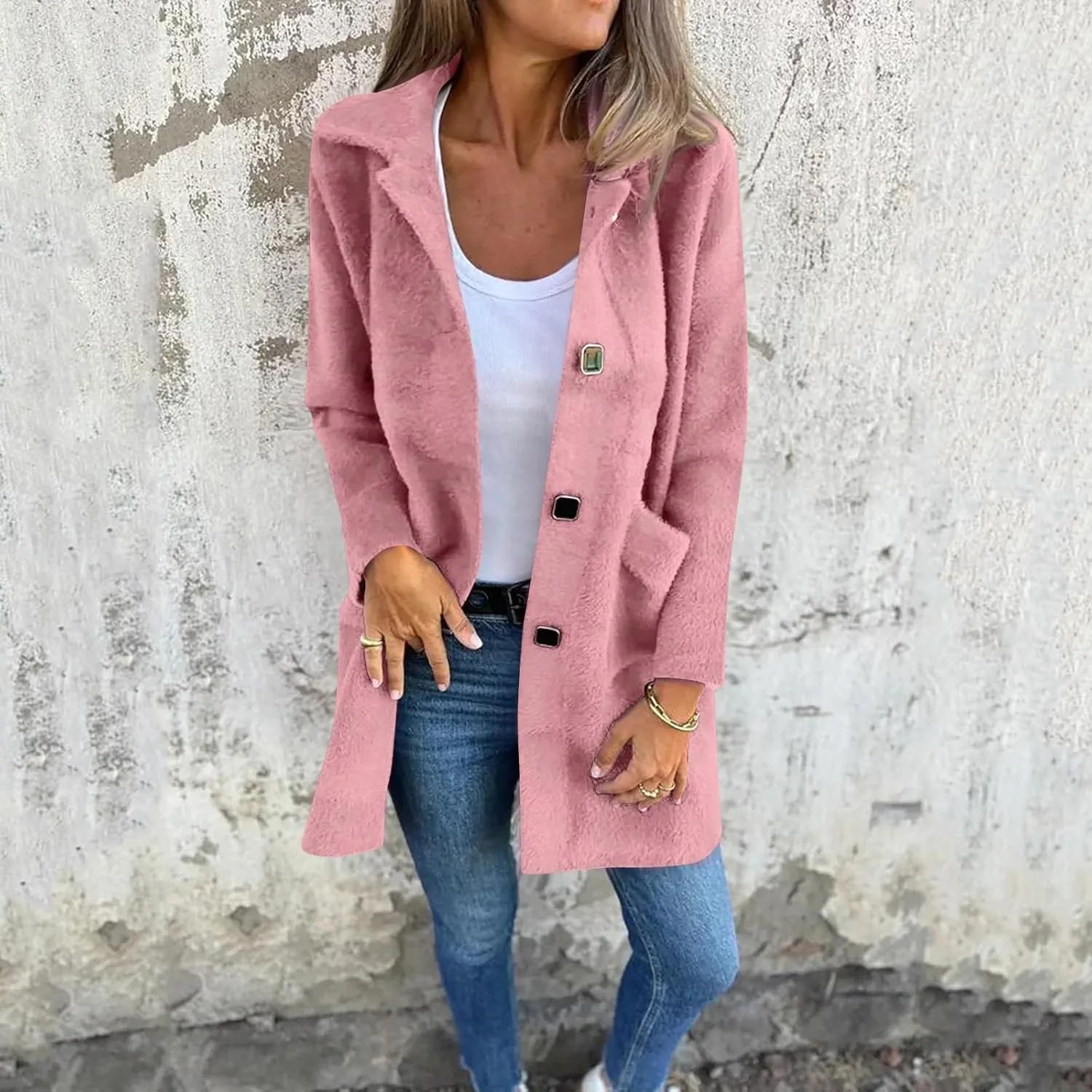 Womens Coats Long Sleeve Lapel Winter Coat for Women 2024 Pea Coat Fall Casual Coats Jacket Outerwear with Pockets