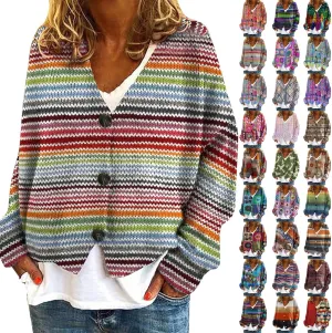 Women's Colorful Rainbow Striped Button Down Cardigan Sweater Oversized Christmas Vintage Knit Jackets