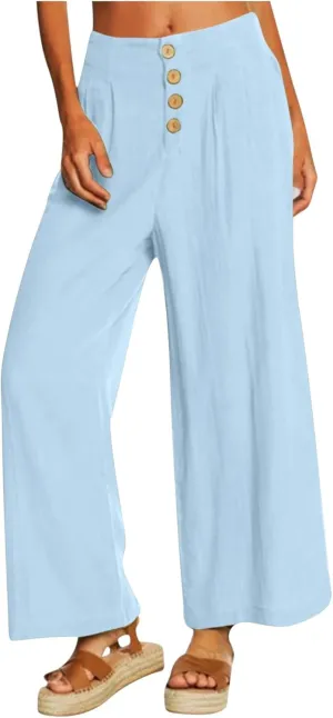 Womens Cotton Linen Pants 2024 Trendy Buttoned Wide Leg High Waist Trousers Flowy Lounge Travel Outfits with Pockets