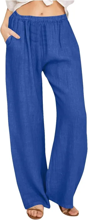 Women's Cotton Linen Pants 2025 Summer Casual Straight Leg Trousers Wide Leg Loose Fit Long Pants with Pockets