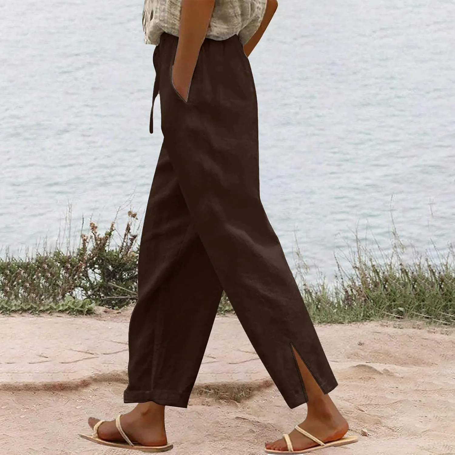Womens Cotton Linen Pants Pants with Pockets Wide Leg Cropped for Women Side Button Casual Cropped Linen