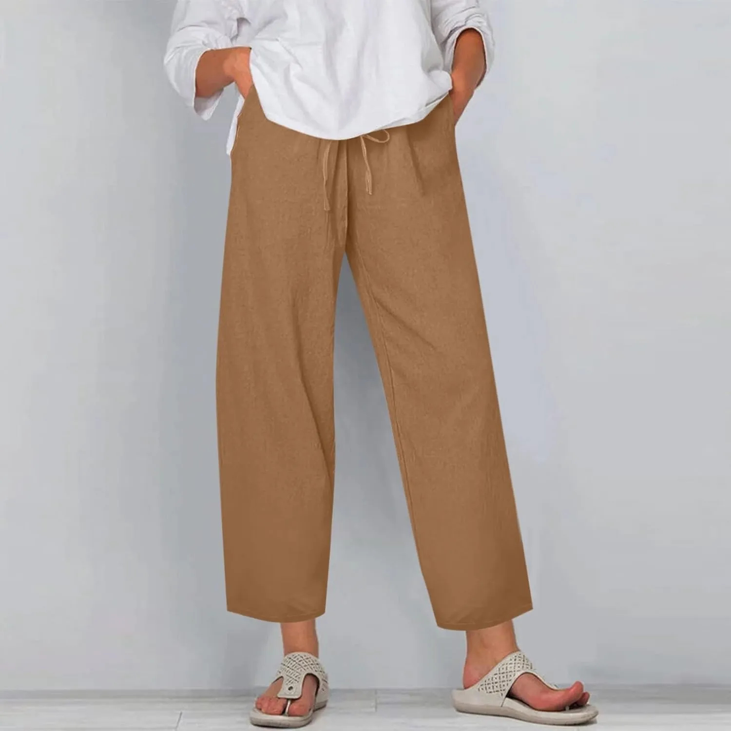 Women's Cotton Linen Pants Summer Wide Leg Casual Loose Drawstring High Waist Palazzo Pants Trousers w Pockets