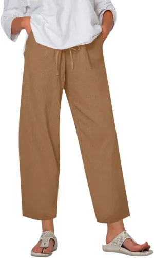 Women's Cotton Linen Pants Summer Wide Leg Casual Loose Drawstring High Waist Palazzo Pants Trousers w Pockets
