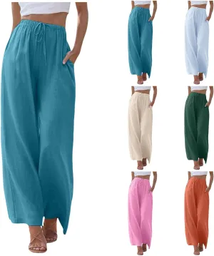 Women's Cotton Linen Summer Palazzo Pants Flowy High Waisted Comfy Wide Straight Leg Pants Beach Trousers with Pockets