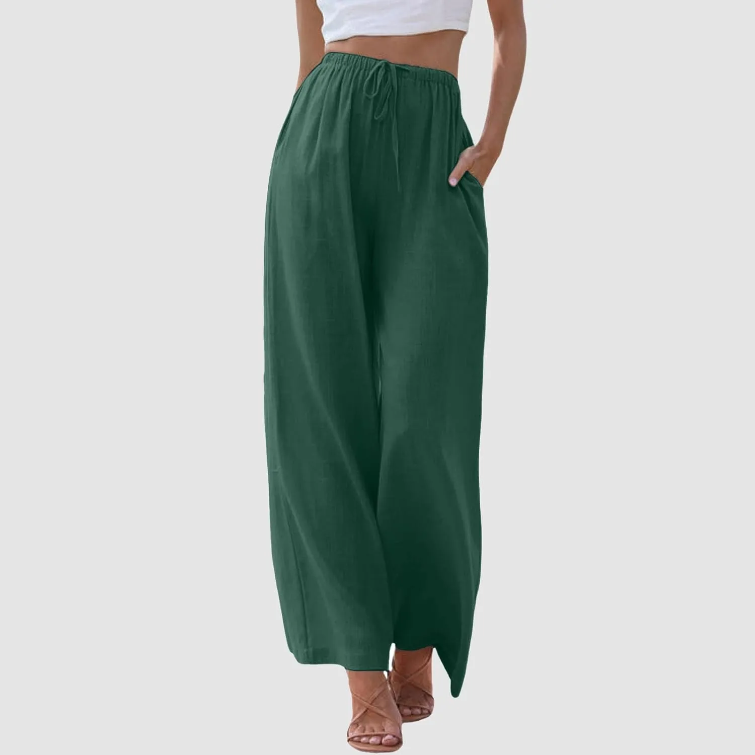 Women's Cotton Linen Summer Palazzo Pants Flowy High Waisted Comfy Wide Straight Leg Pants Beach Trousers with Pockets