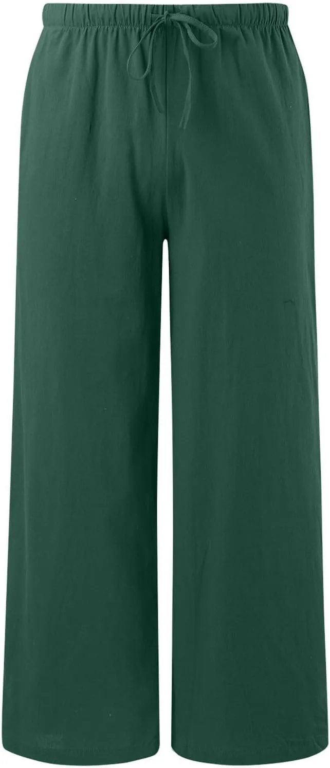 Women's Cotton Linen Summer Palazzo Pants Flowy High Waisted Comfy Wide Straight Leg Pants Beach Trousers with Pockets